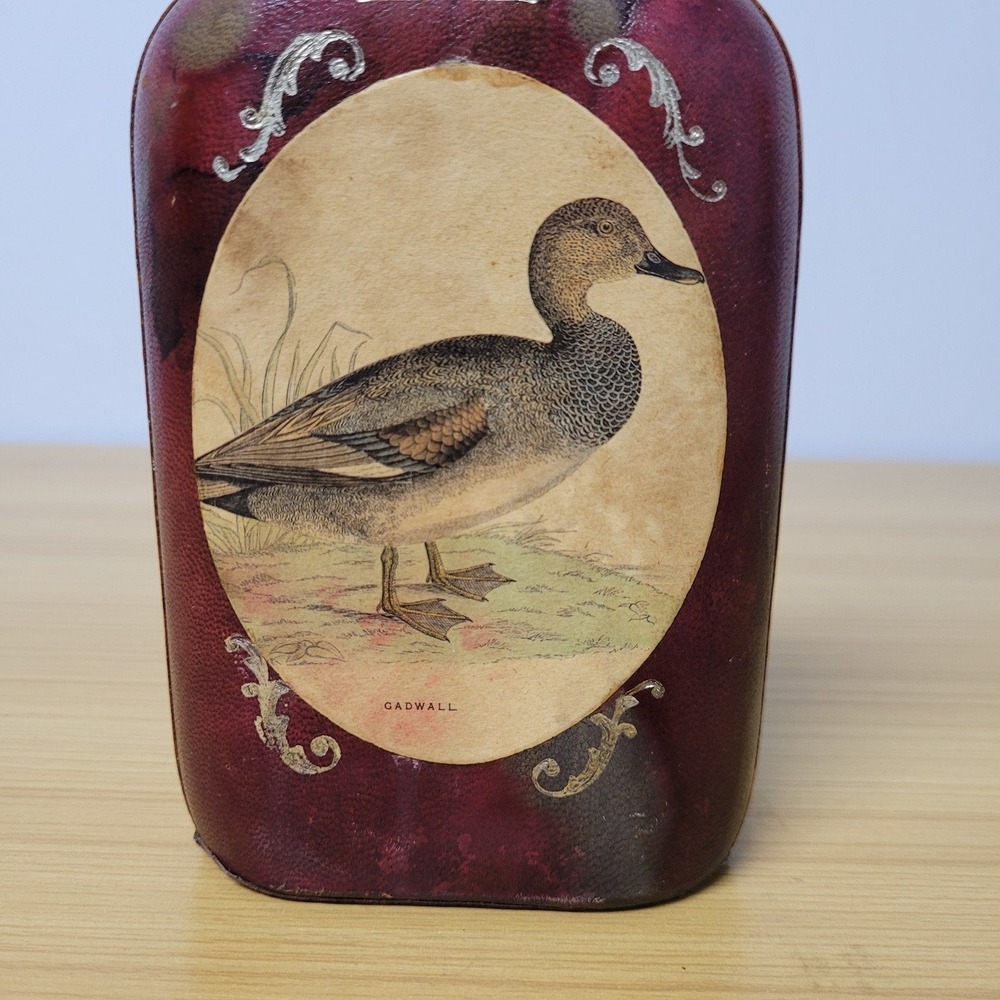 Leather Wrapped Glass Bottle Italian Italy Duck Gadwall Vintage Tooled Handmade - Picture 2 of 9